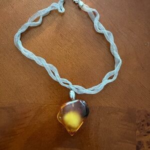 Baltic Elegant Silver ribbon and Raw Amber Pendant Necklace